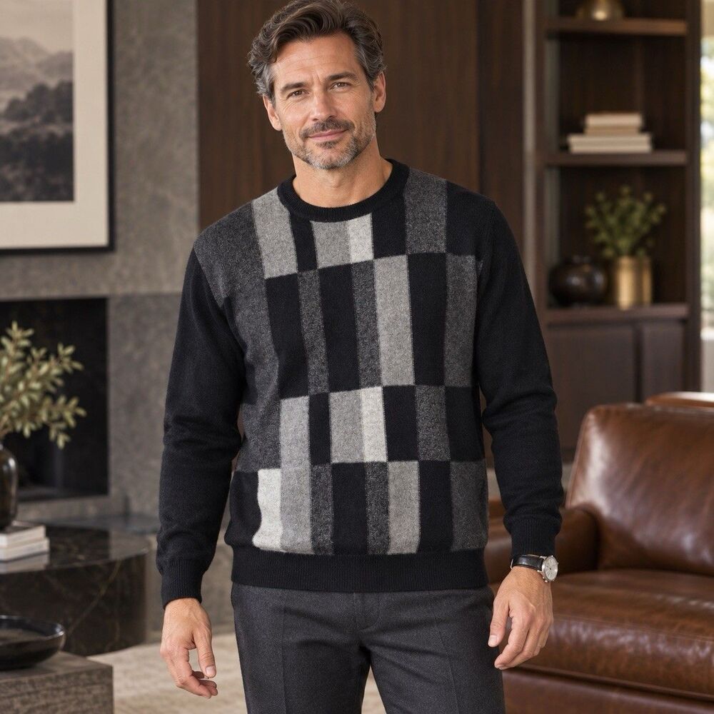 Lenor Romano cashmere Black and Gray Checkered Crewneck Sweater M
